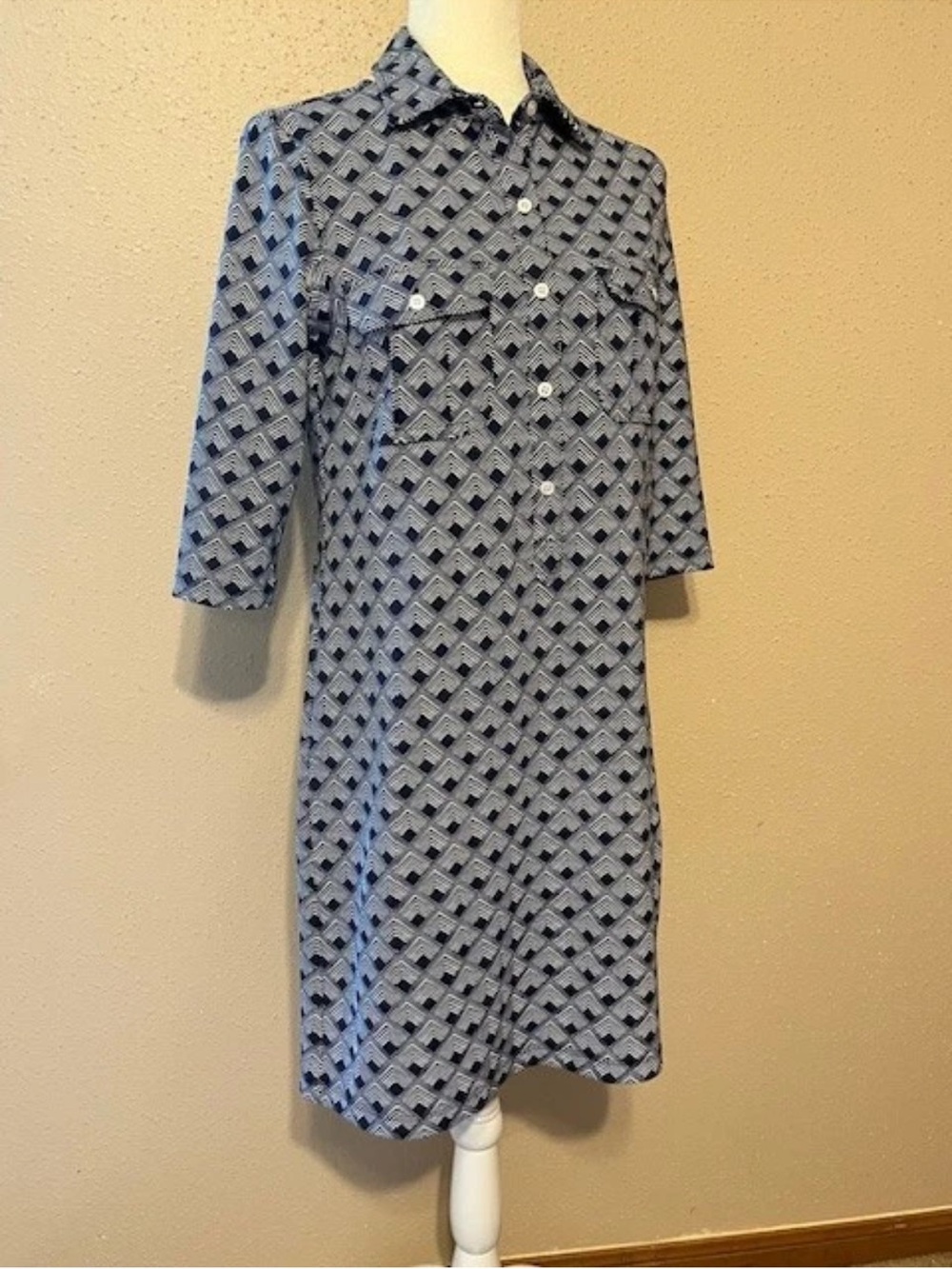 Sz S Persifor Winpenny Shirt Dress Navy Blue & White Geometric Print